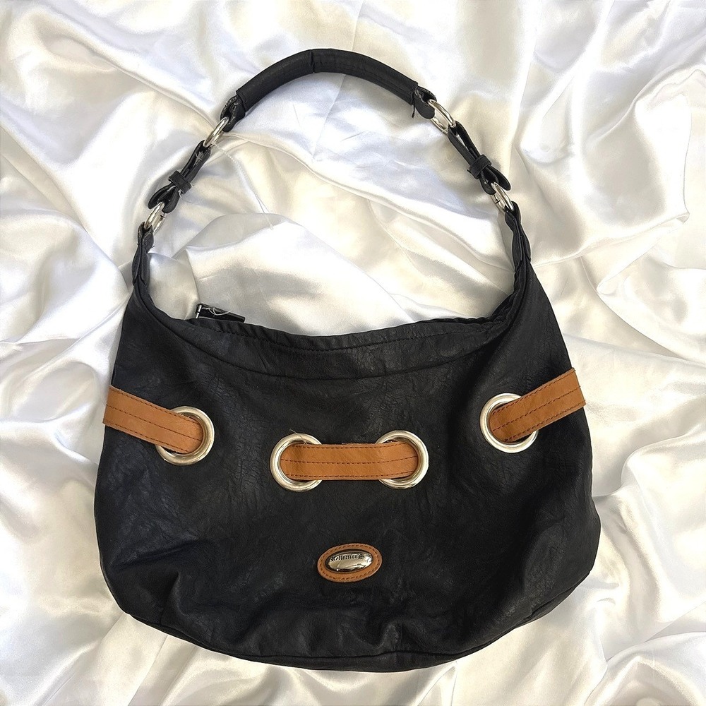Reflections Black Faux Leather Hobo Shoulder Bag Tan Accents Grommet Y2K Style